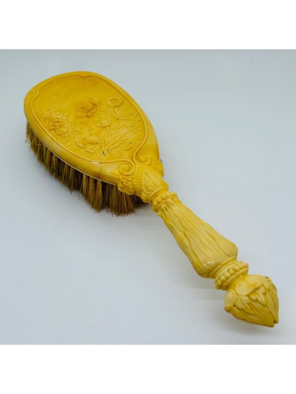 Vintage Celluloid Hair Brush Rose Design Floral Art Nouveau Yellow Vanity Dresse